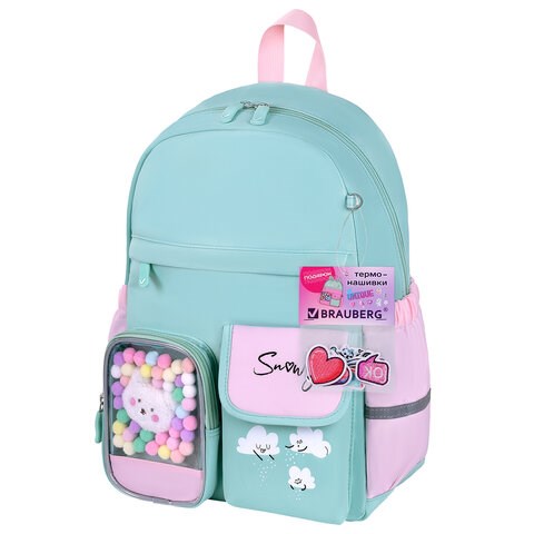 Рюкзак BRAUBERG PASTEL с термонашивками в комплекте, "Funny clouds", мятный, 40х29х14 см, 271421 271421