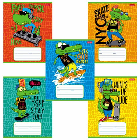 Тетрадь 12 л. HATBER клетка, обложка картон, "Croco Boys" (5 видов в спайке), 12Т5В1 106542