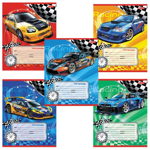 Тетрадь 12 л., HATBER, косая линия, обложка картон, "Спортивные авто" (микс в спайке), 013954, 12Т5В6 105422