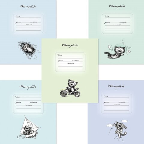 Тетрадь 18 л., ПЗБМ клетка, выборочный лак, брайль, "Приключения кота" (5 видов), 17438 405002