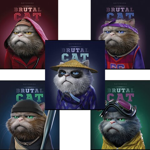 Тетрадь А5 48 л., ПЗБМ, скоба, клетка, конгрев, TWIN-лак, "Брутальные коты" (5 видов), 27391 405008