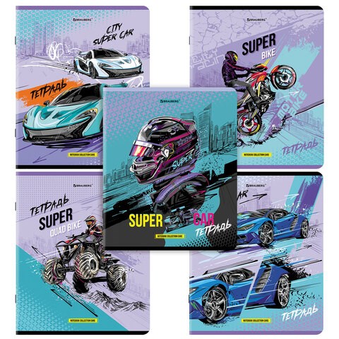 Тетрадь А5, 48 л., BRAUBERG, скоба, клетка, глянцевый лак, "Race" (микс в спайке), 404349 404349