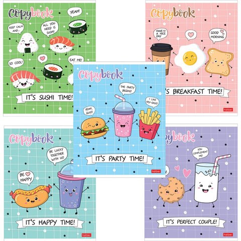 Тетрадь А5, 48 л., HATBER, скоба, клетка, обложка картон, "Пришла еда" (микс в спайке), 068336, 48Т5лВ1 404153