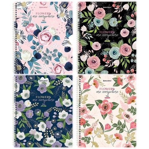 Тетрадь А5 96 л. BRAUBERG, гребень, клетка, твёрдая обложка, "Flowers" (микс в спайке), 404444 404444