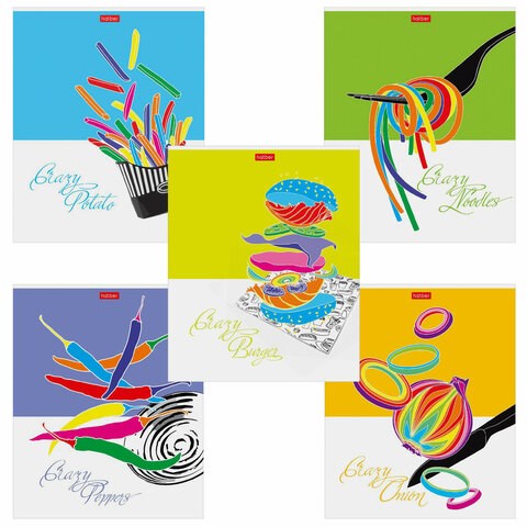 Тетрадь А5, 80 л., HATBER скоба, клетка, обложка картон, "Crazy food" (5 видов), 80Т5В1 404498