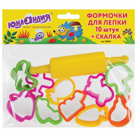 Формочки для лепки 10 штук и скалка ЮНЛАНДИЯ, европодвес, 229621 229621