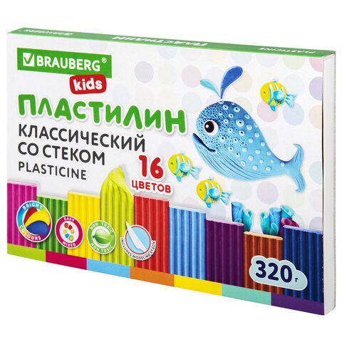 Пластилин классический BRAUBERG KIDS, 16 цветов, 320 г, со стеком, 106508 106508