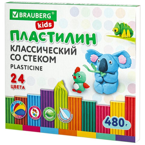 Пластилин классический BRAUBERG KIDS, 24 цвета, 480 грамм, стек, ВЫСШЕЕ КАЧЕСТВО, 106437 106437