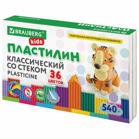 Пластилин классический BRAUBERG KIDS, 36 цветов, 540 грамм, стек, ВЫСШЕЕ КАЧЕСТВО, 106678 106678