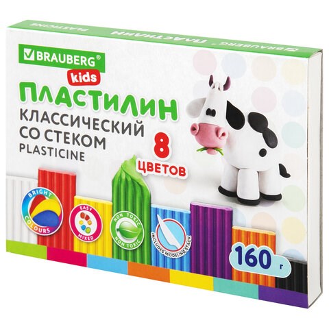 Пластилин классический BRAUBERG KIDS, 8 цветов, 160 г, со стеком, 106501 106501