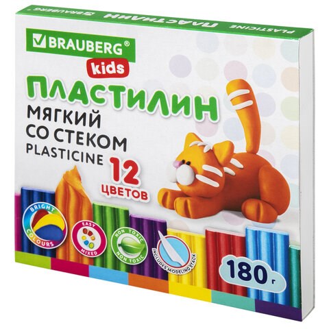 Пластилин мягкий восковой BRAUBERG KIDS, 12 цветов, 180 г, со стеком, 106495 106495