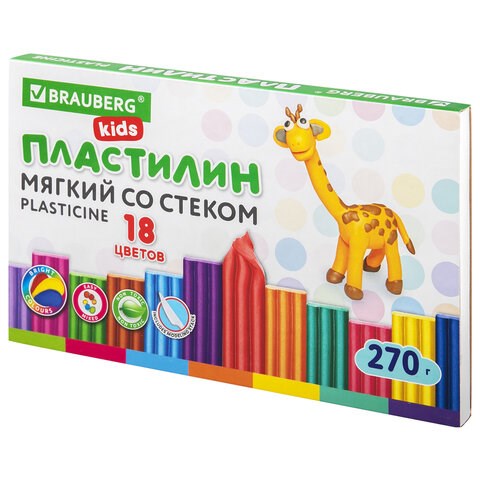Пластилин мягкий восковой BRAUBERG KIDS, 18 цветов, 270 г, со стеком, 106497 106497