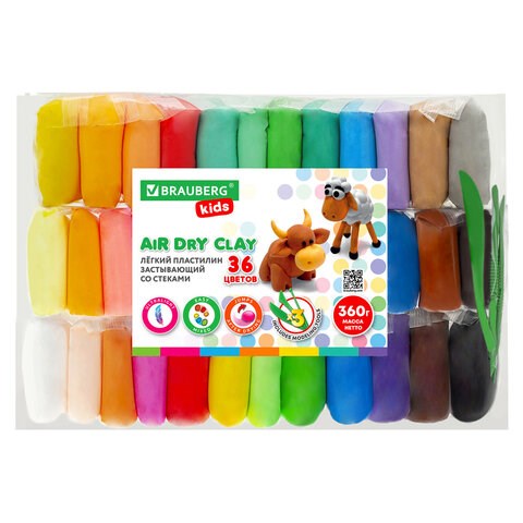 Пластилин супер лёгкий воздушный застывающий 36 цветов, 360 г, 3 стека, BRAUBERG KIDS, 106308 106308