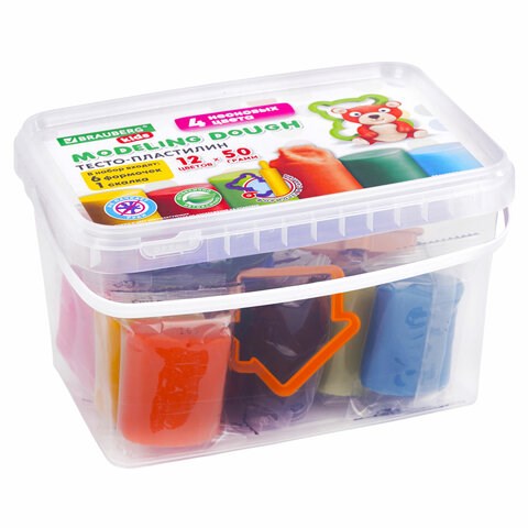 Пластилин-тесто для лепки BRAUBERG KIDS, 12 цветов., 600 г, 6 формочек, 1 скалка, ведерко, 106721 106721