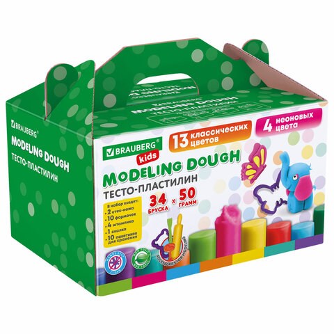 Пластилин-тесто для лепки BRAUBERG KIDS, 34 шт., 1700 г, 2 стека, 10 формочек, 4 штампика, 1 скалка, 10 пакетиков для хранения, 106723 106723