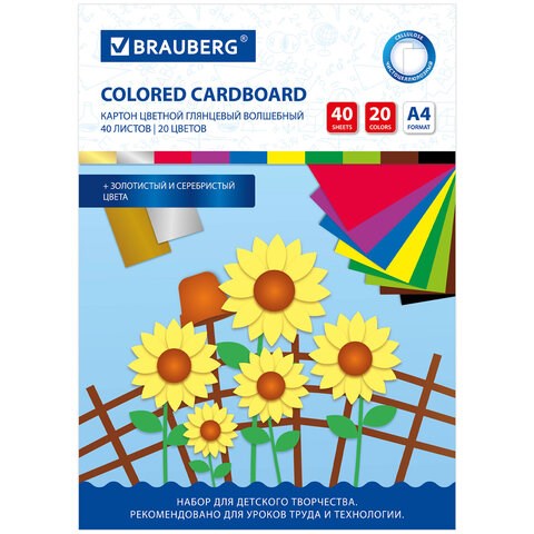 Картон цветной А4 МЕЛОВАННЫЙ ВОЛШЕБНЫЙ, 40 листов, 20 цветов, в папке, BRAUBERG, 200х290 мм, 113545 113545