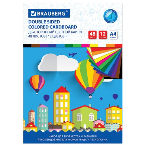 Картон цветной А4 ТОНИРОВАННЫЙ В МАССЕ, 48 листов 12 цветов, склейка, 180 г/м2, BRAUBERG, 210х297 мм, 124744 124744