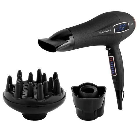 Фен BRAYER BR3001, 2200 Вт, 6 скоростей, 8 температурных режимов, сенсорное управление, серый 456102