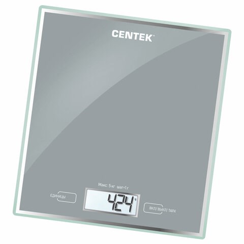 Весы кухонные CENTEK CT-2462 SILVER, электронный дисплей, max вес 5 кг, тарокомпенсация, стекло, CT-2462 Silver 457572