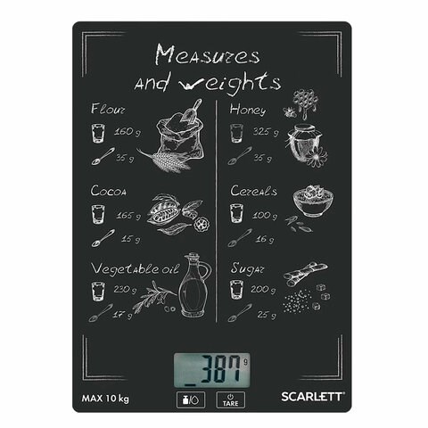 Весы кухонные SCARLETT SC-KS57P64, электронный дисплей, max вес 10 кг, тарокомпенсация, стекло 455049