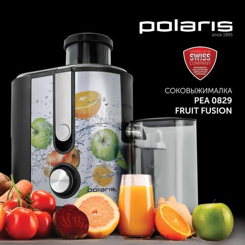 Соковыжималка POLARIS PEA 0829 Fruit Fusion, 800 Вт, стакан 0,35 л, емкость жмыха 1 л, пластик, сталь/черный, 15935 456738