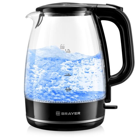 Чайник BRAYER BR1030, 1,7 л, 2200 Вт, закрытый нагревательный элемент, стекло, черный 456593