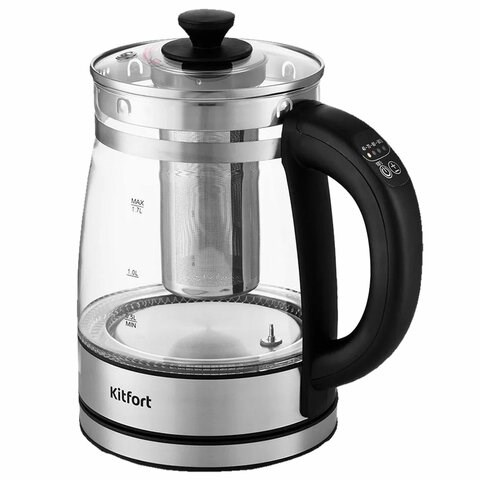 Чайник KITFORT КТ-6119, 1,7 л, 2200 Вт, закрытый нагревательный элемент, ТЕРМОРЕГУЛЯТОР, заварник, стекло, серебро 455998