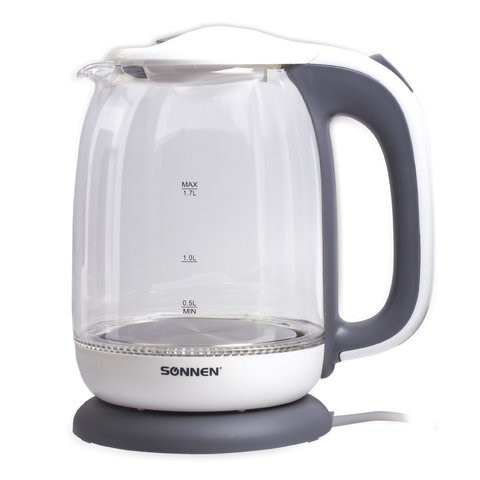Чайник SONNEN KT-1792, 1,7 л, 2200 Вт, закрытый нагревательный элемент, стекло, белый, подсветка, 454348 454348