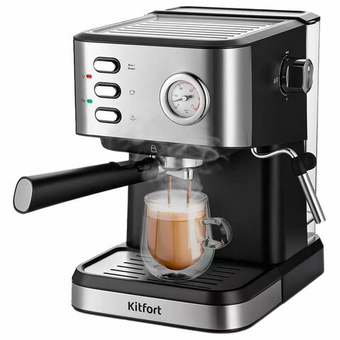Кофеварка рожковая KITFORT КТ-7293, 1050 Вт, объем 1,5 л, 15 бар, ручной капучинатор, серебристая 456898