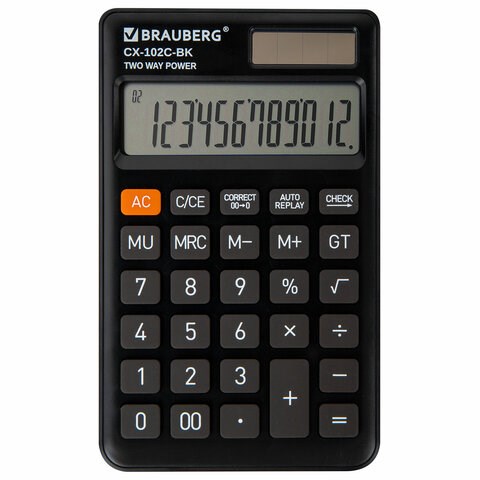 Калькулятор карманный BRAUBERG CX-102C-BK (76x126 мм), 12 разрядов, двойное питание, ЧЕРНЫЙ, 272647 272647