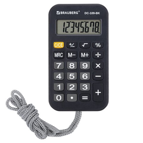 Калькулятор карманный со шнурком BRAUBERG DC-109-BK (61x110 мм), 8 разрядов, ЧЕРНЫЙ, 272642 272642