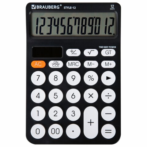 Калькулятор настольный BRAUBERG STYLE-12-BK (157х106 мм), 12 разрядов, двойное питание, ЧЕРНЫЙ, 272965 272965
