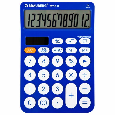 Калькулятор настольный BRAUBERG STYLE-12-BL (157х106 мм), 12 разрядов, двойное питание, СИНИЙ, 272966 272966