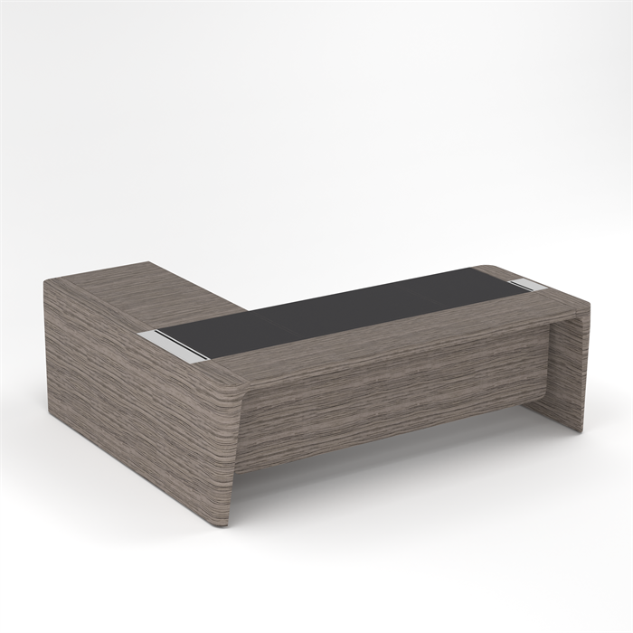 Стол для руководителя правый с кожаным бюваром, приставкой на малой тумбе и фронтальной панелью 210507