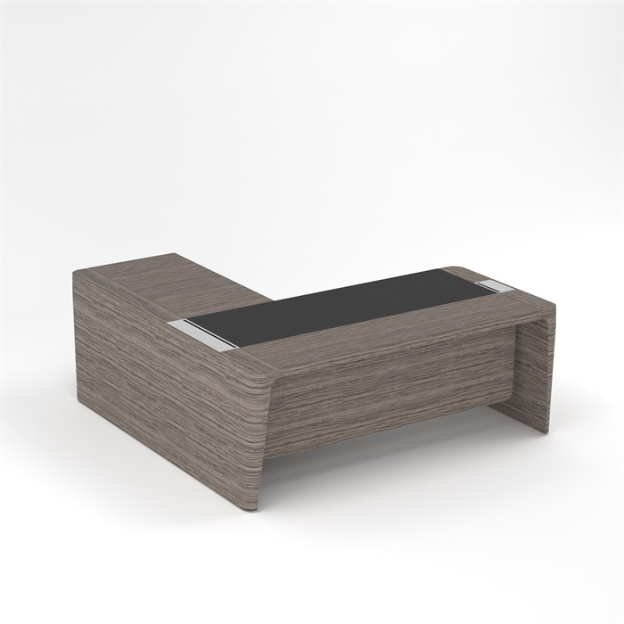 Стол для руководителя правый с кожаным бюваром, приставкой на большой тумбе и фронтальной панелью 210497