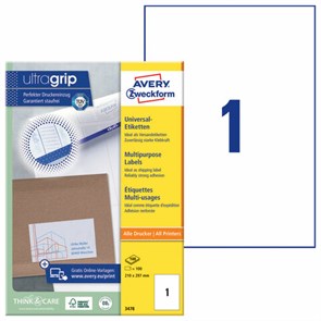 Этикетка самоклеящаяся 210х297 мм, 1 этикетка, белая, 100 листов, Avery Zweckform, 3478 115387