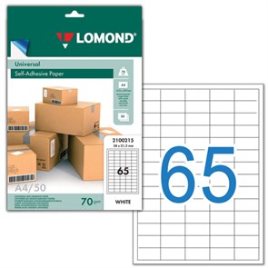 Этикетка самоклеящаяся 38х21,2 мм, 65 этикеток, белая, 70 г/м2, 50 листов, LOMOND, 2100215 121867