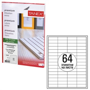 {{photo.Alt || photo.Description || 'Этикетка самоклеящаяся 48,5х16,9 мм, 64 этикетки, белая 70 г/м2, 50 листов, TANEX, сырье Финляндия, 114541, TW-2564'}}