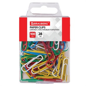 {{photo.Alt || photo.Description || 'Скрепки BRAUBERG, 28 мм, цветные, 100 шт., в пластиковой коробке, 221111'}}