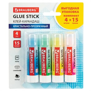 {{photo.Alt || photo.Description || 'Клей-карандаш 15 г ВЫГОДНАЯ УПАКОВКА BRAUBERG &quot;COLOR Crystal&quot;, 4 штуки на блистере, 271709'}}