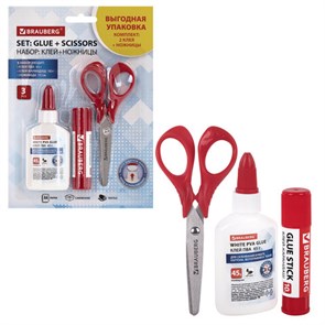 {{photo.Alt || photo.Description || 'Набор: клей + ножницы BRAUBERG (клей-карандаш PVP 10 г, клей ПВА 45 г, ножницы 13 см), блистер, 271979'}}