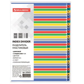 {{photo.Alt || photo.Description || 'Разделитель пластиковый широкий BRAUBERG А4+, 31 лист, цифровой 1-31, оглавление, цветной, 225624'}}