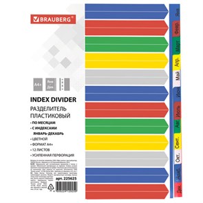 {{photo.Alt || photo.Description || 'Разделитель пластиковый широкий BRAUBERG, А4+, 12 листов, Январь-Декабрь, оглавление, цветной, 225625'}}