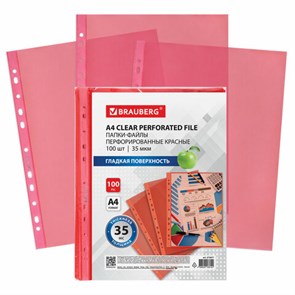 {{photo.Alt || photo.Description || 'Папки-файлы перфорированные КРАСНЫЕ А4 BRAUBERG, комплект 100 шт., гладкие, 35 мкм, 272677'}}