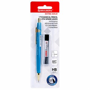 {{photo.Alt || photo.Description || 'Карандаш механический 0,5 мм + грифели HB 12 штук на блистере, BRAUBERG EXTRA GOLD, корпус SOFT TOUCH, ластик, 181964'}}