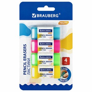 {{photo.Alt || photo.Description || 'Ластики полупрозрачные BRAUBERG FRUITY НАБОР 4 штуки, размер ластика 54х23х10 мм, упаковка блистер, 271343'}}