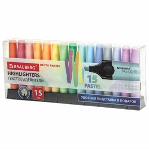 {{photo.Alt || photo.Description || 'Набор текстовыделителей 15 ПАСТЕЛЬНЫХ ЦВЕТОВ на подставке, BRAUBERG &quot;DELTA PASTEL&quot;, линия 1-5 мм, 152507'}}