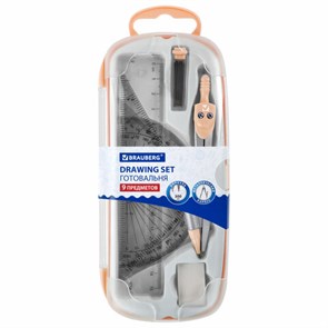 {{photo.Alt || photo.Description || 'Готовальня BRAUBERG SCHOOL KIT, 9 предметов, циркуль 125 мм, чертежные принадлежности, персиковый цвет, 210715'}}