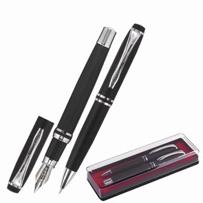 {{photo.Alt || photo.Description || 'Набор ручек подарочных BRAUBERG Duetto, СИНИЕ, 2 шт.: шариковая, перьевая, черный с хромированными деталями, 143478'}}