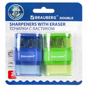 {{photo.Alt || photo.Description || 'Точилки с ластиком 2 в 1 BRAUBERG &quot;Double&quot;, НАБОР 2 ШТУКИ, 2 отверстия, синяя и зеленая, блистер, 271995'}}